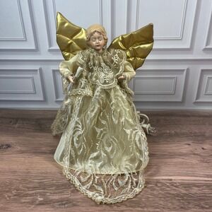 Vintage Animated Angel Tree Topper Christmas 11in Gold Cream Moving Wings Lit
